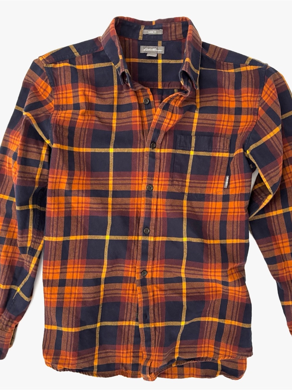Eddie Bauer Classic Fit Plaid Flannel Shirt Navy Orange - Men's Medium